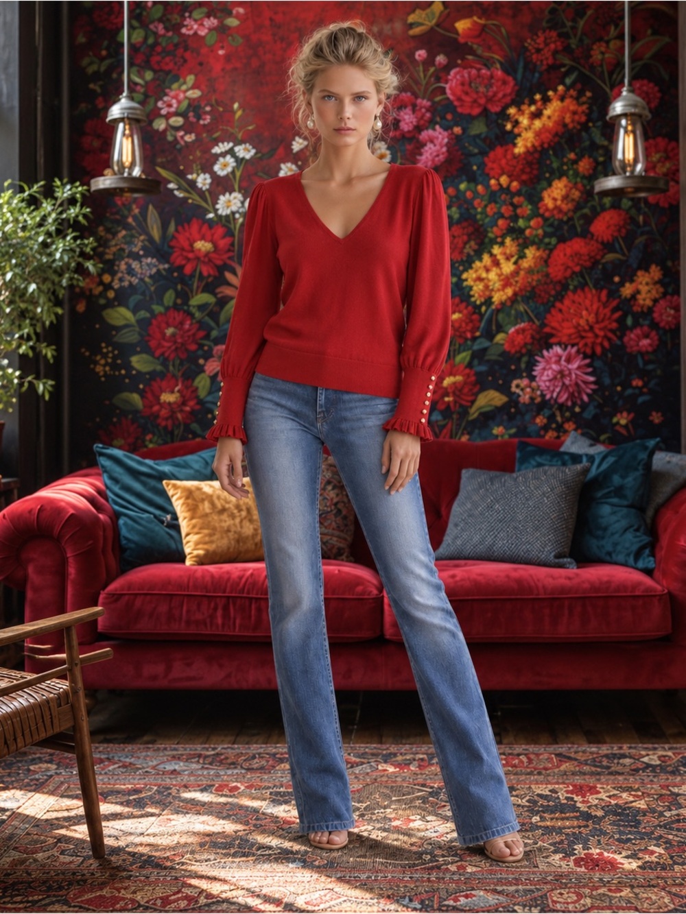 Lauren Ralph Lauren Red V Neck Sweater Gold Button Ruffle Cuff Large - Picture 6 of 7